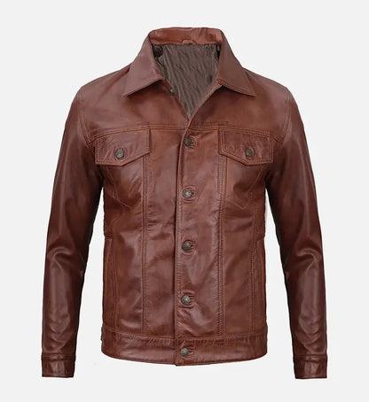 Avanzar Men’s Harrington Brown Leather Trucker Jacket