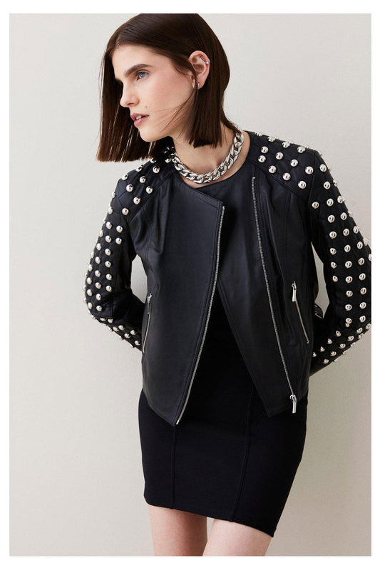 Black Women’s Silver Spiked Studded Leather Jacket