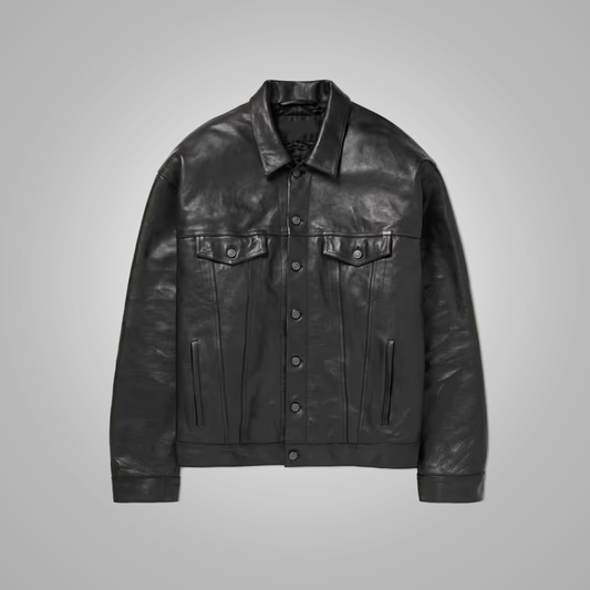 New Men's Army Black Suede Shearling Leather Trucker Jacket