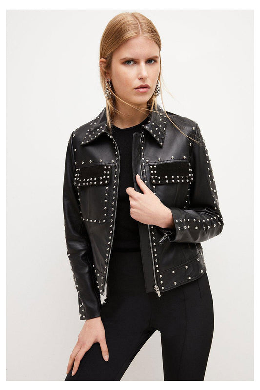 Women’s Black Silver Spiked Studded Leather Biker Jacket