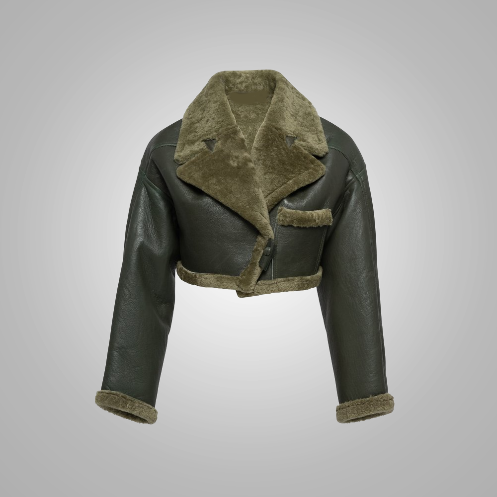 Women's Green Aviator Flight Bomber Jacket - Real Sheepskin Leather & Faux Fur