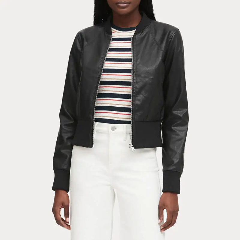 Women’s Cropped Ribbed Cuff Black Bomber Jacket