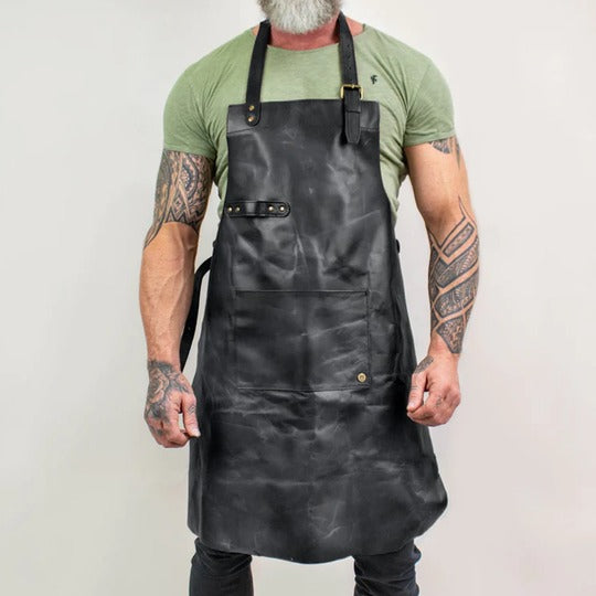 Men's Black Handmade Sheepskin Long Leather Apron with Spacious Front Tool Pocket