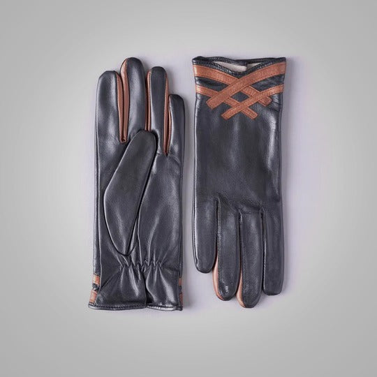 New Women's Hand-Sewn Black Sheepskin Genuine Leather Gloves