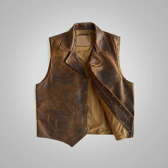 Brown Men's Sheepskin Leather Cowboy Vest - Premium Quality Western Leather Vest Avanzar Leather