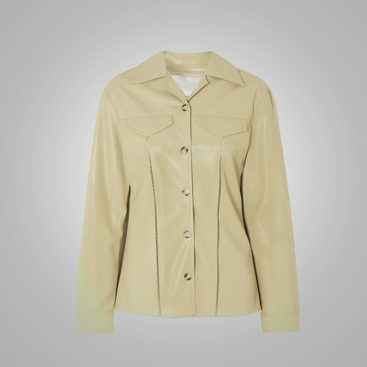 Women's Khaki Smooth Leather Shirt with Simple Button Closure