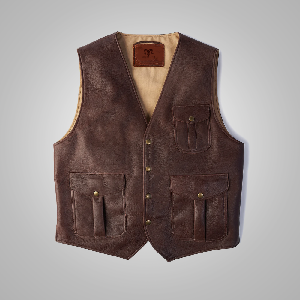 Brown Men’s Multi-Pocket Buckskin Leather Vest