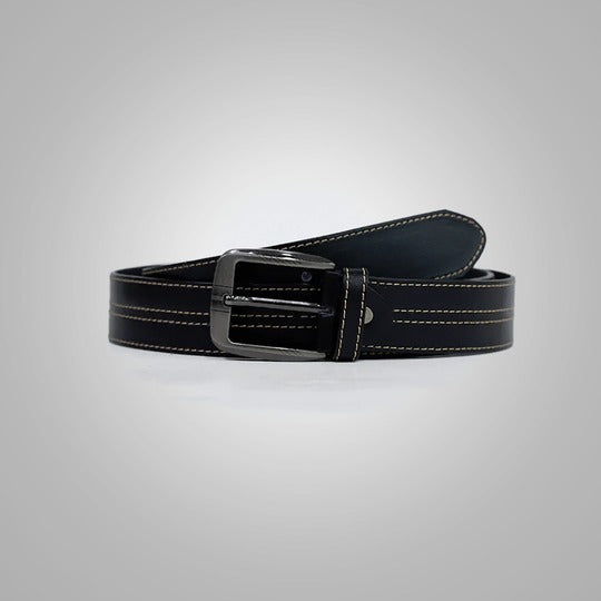 Men's Black Leather Belt with White Contrast Stitching