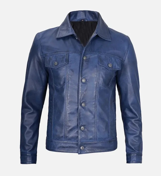 Avanzar Men's Blue Trucker Leather Jacket