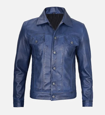 Avanzar Men's Blue Trucker Leather Jacket