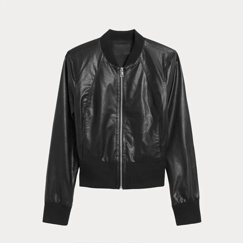 Women’s Cropped Ribbed Cuff Black Bomber Jacket