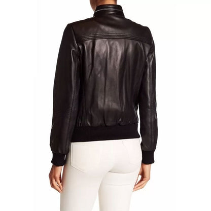 Women’s Genuine Lambskin Black Leather Bomber Jacket