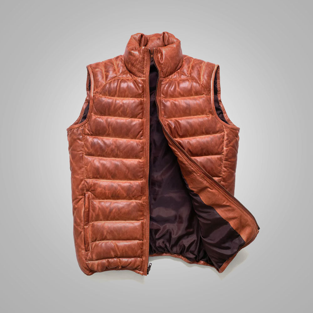 Brown Men’s Shearling Bubble Leather Down Vest