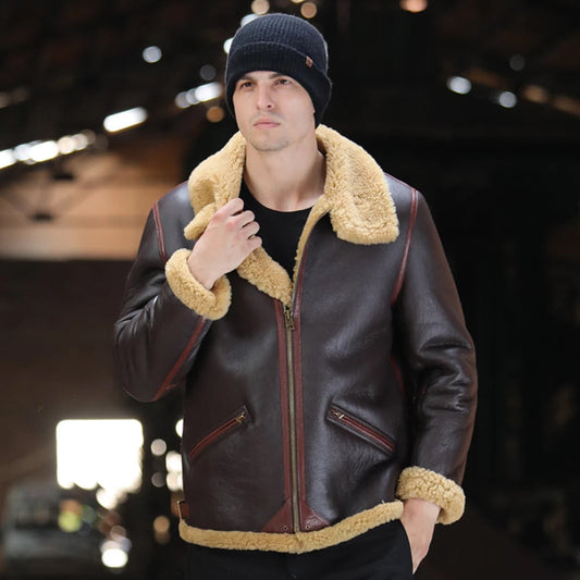 Men’s Brown B3 Shearling Leather Bomber Sheepskin Jacket Coat