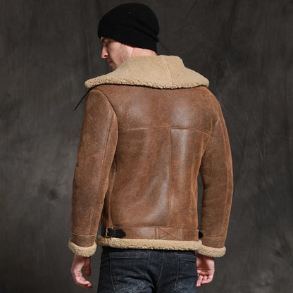 Men’s Brown Short Sheepskin Fur Shearling Leather Jacket Coat