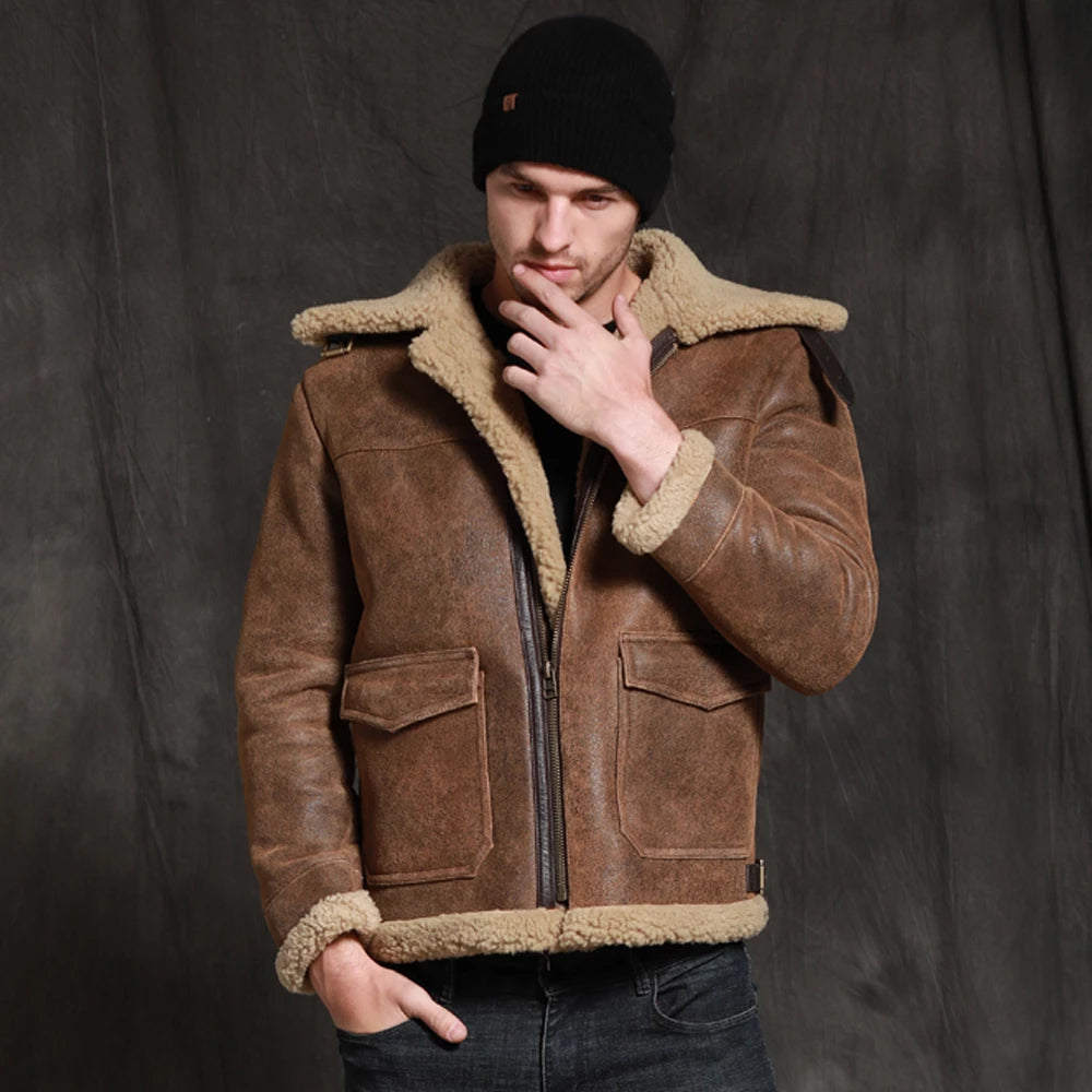 Men’s Brown Short Sheepskin Fur Shearling Leather Jacket Coat