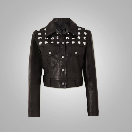 Women's Black Studded Textured Cropped Leather Jacket