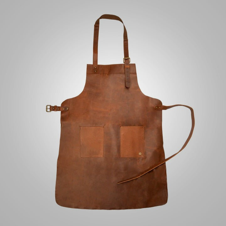 New Men's Brown Sheepskin Double-Pocket Leather Apron