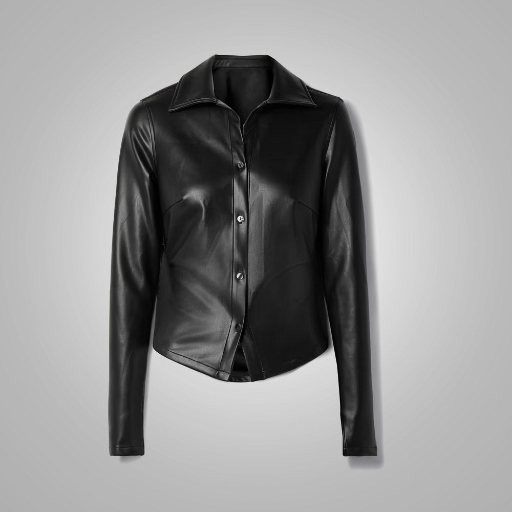 Women's Black Slim-Fit Leather Shirt with Smooth Sleeves