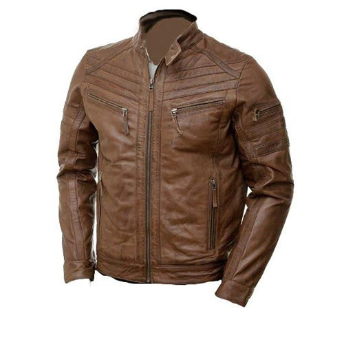 Men's Brown Moto Leather Jacket Rugged Biker Style
