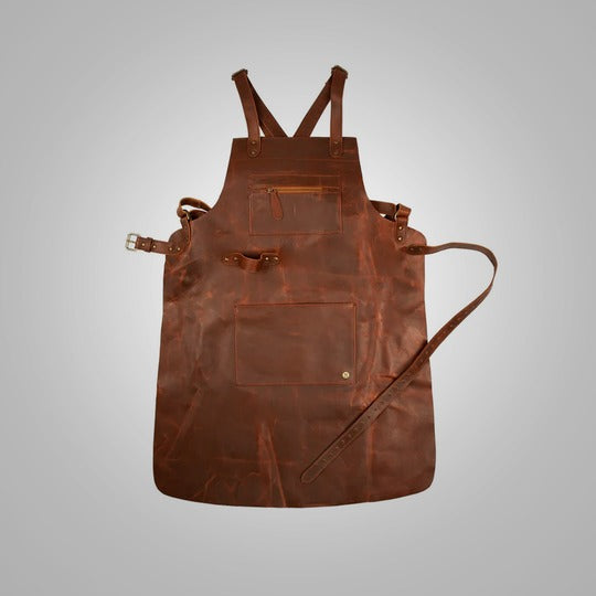 Men's Brown Lambskin Cross-Back Leather Apron