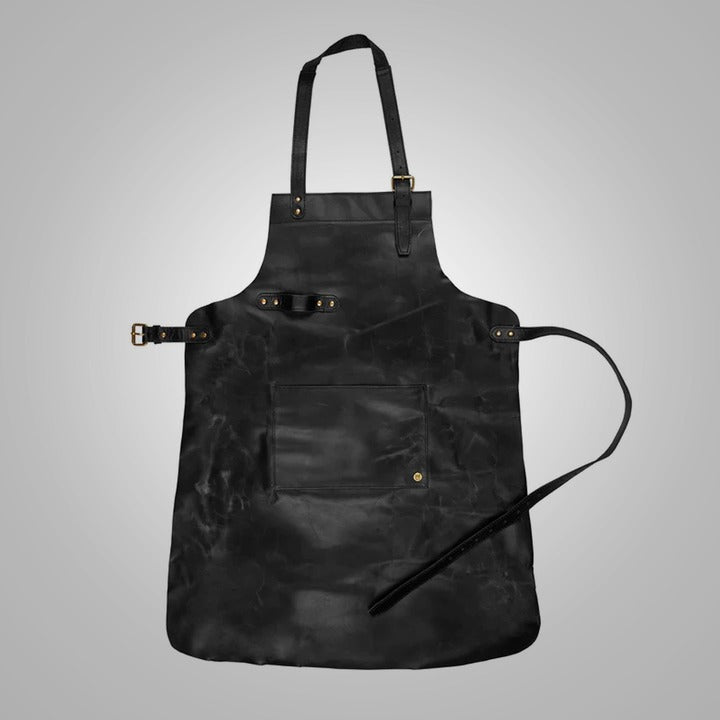 Men's Black Handmade Sheepskin Long Leather Apron with Spacious Front Tool Pocket