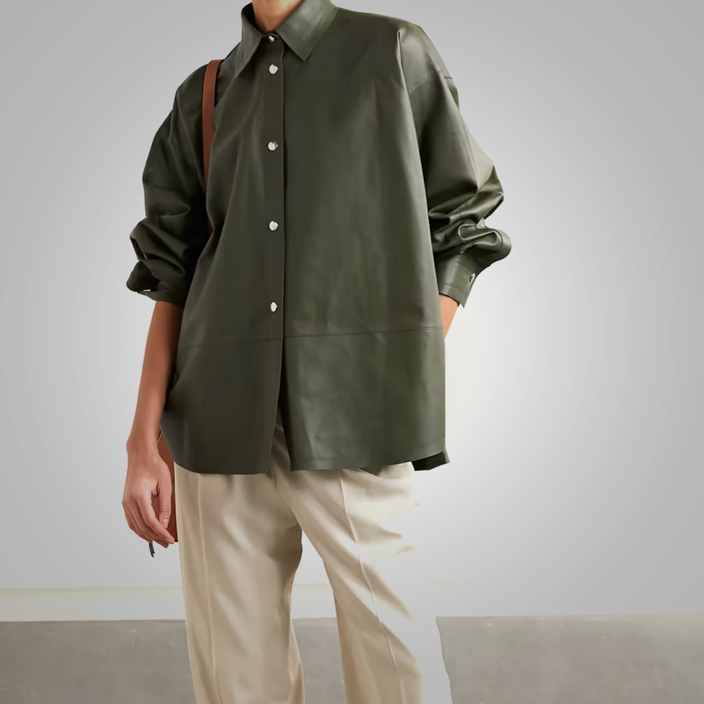 New Women's Green Soft Leather Shirt with Smart Collar