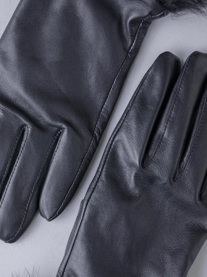 New Women Black Sheepskin Leather Gloves With Black Fur Lining