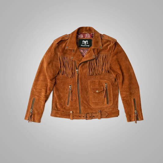 Brown Men's Cowboy Style Suede Leather Western Jacket with Fringes