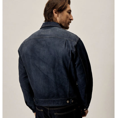 Men's Blue Suede Leather Shirt Jacket - Jeans Style