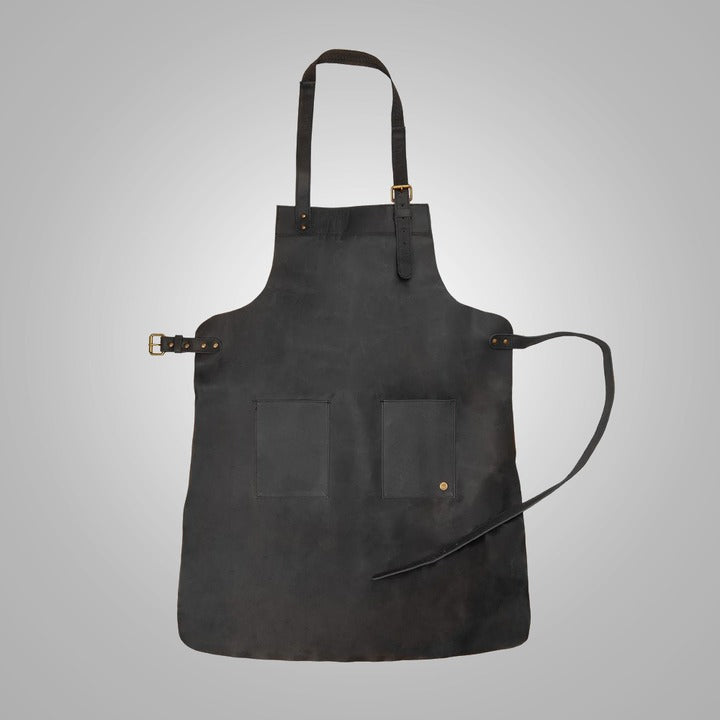 New Men's Black Sheepskin Handmade Double-Pocket Leather Apron