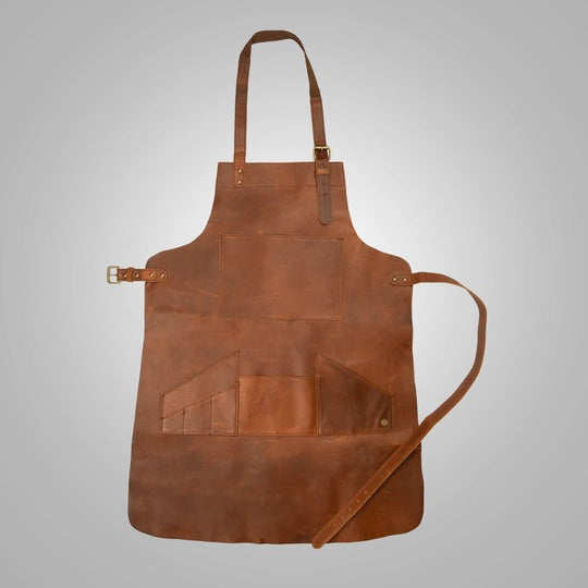 New Men's Brown Handmade Lambskin Multi-Pocket Leather Apron