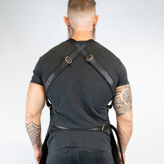 New Men's Black Sheepskin Handmade Cross-Back Leather Apron