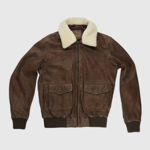 Men’s Brown Waxed Sheepskin Aviator Leather Bomber Jacket