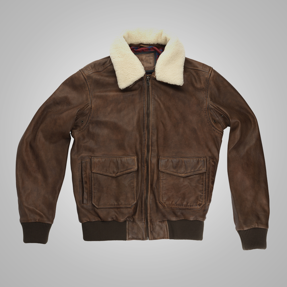 Men's Brown Waxed Sheepskin Aviator Leather Flight Jacket