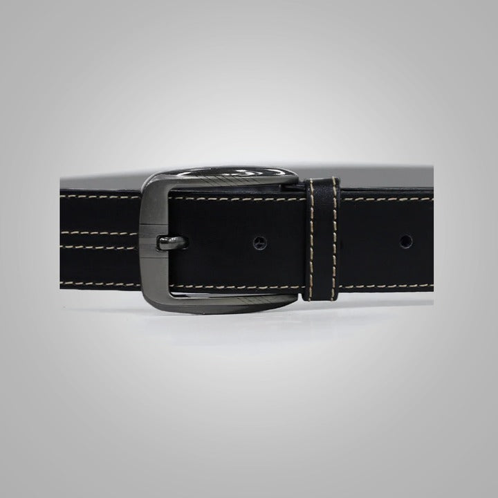 Men's Black Leather Belt with White Contrast Stitching