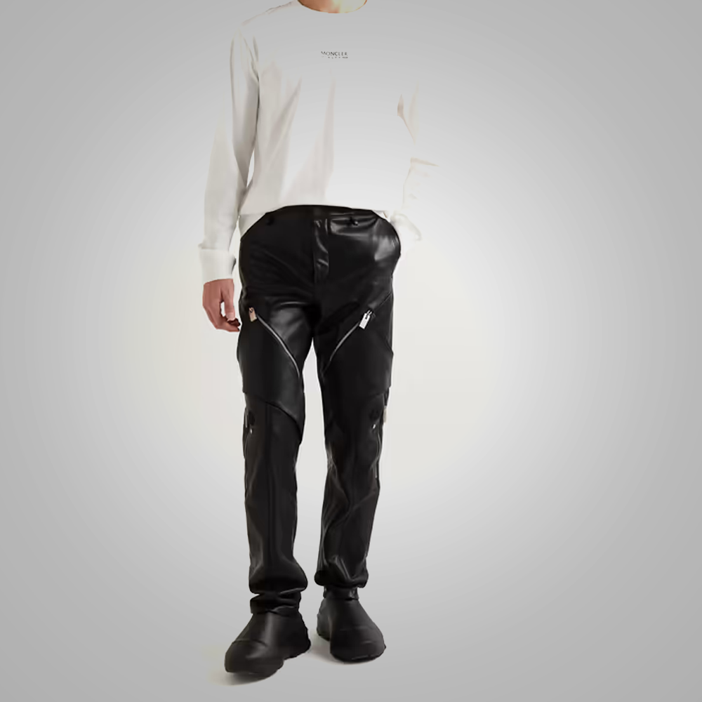 Black Men's Sheepskin Fashion Leather Biker Pants