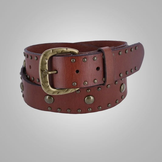 New Women's Bridle Leather Belt with Antique Brass Studs