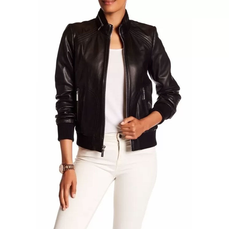 Women’s Genuine Lambskin Black Leather Bomber Jacket