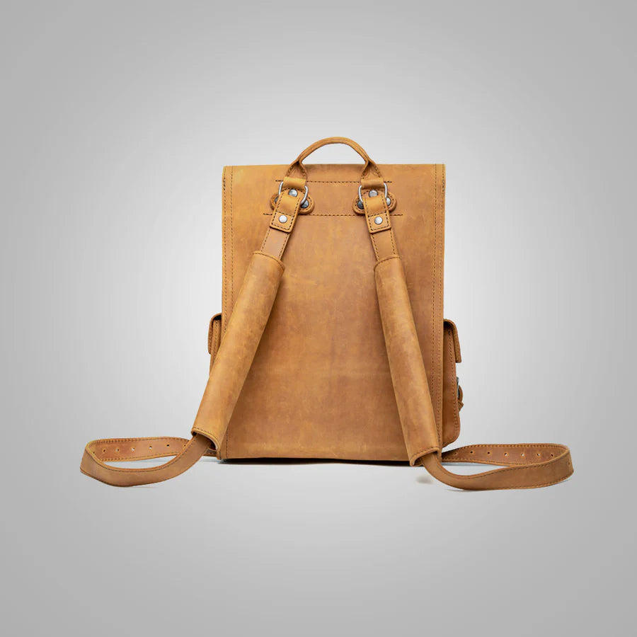 Women’s Brown Lambskin Leather Backpack with Thin Front Pocket