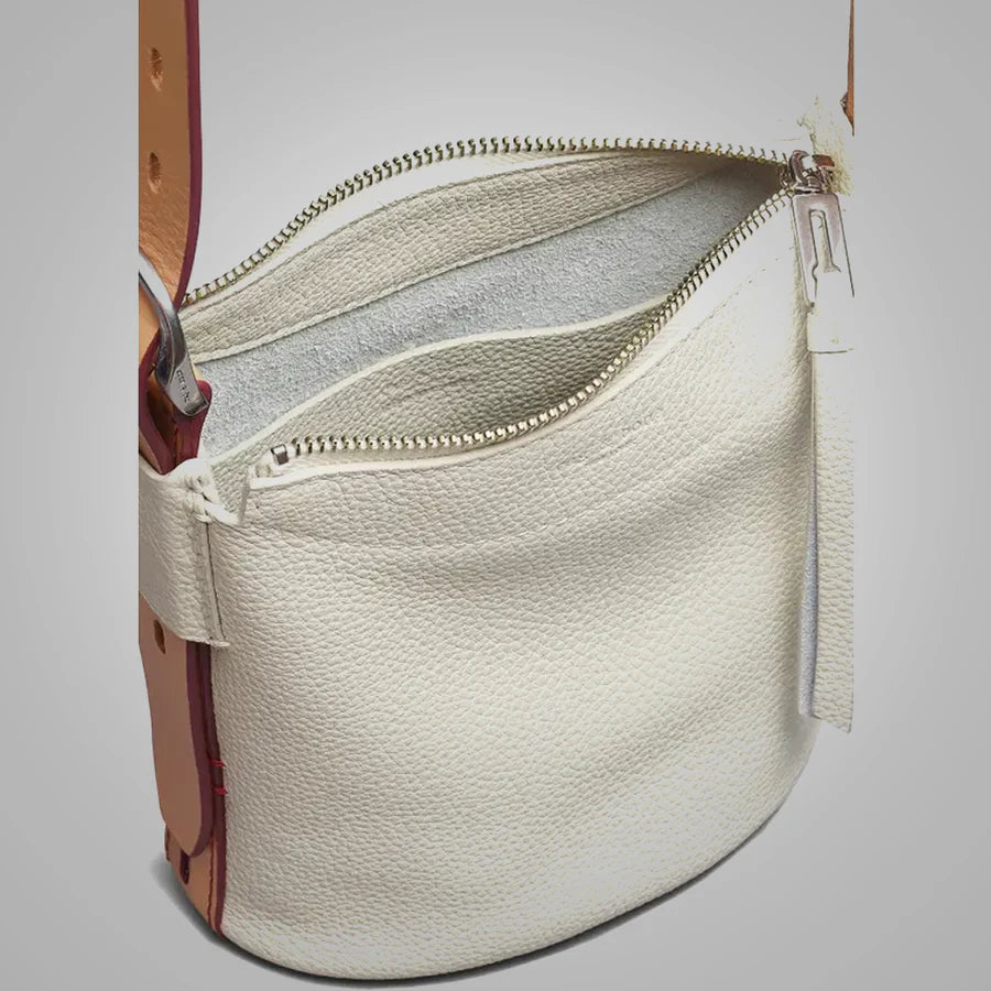 Women's White Lambskin Belize Leather Bucket Bag

