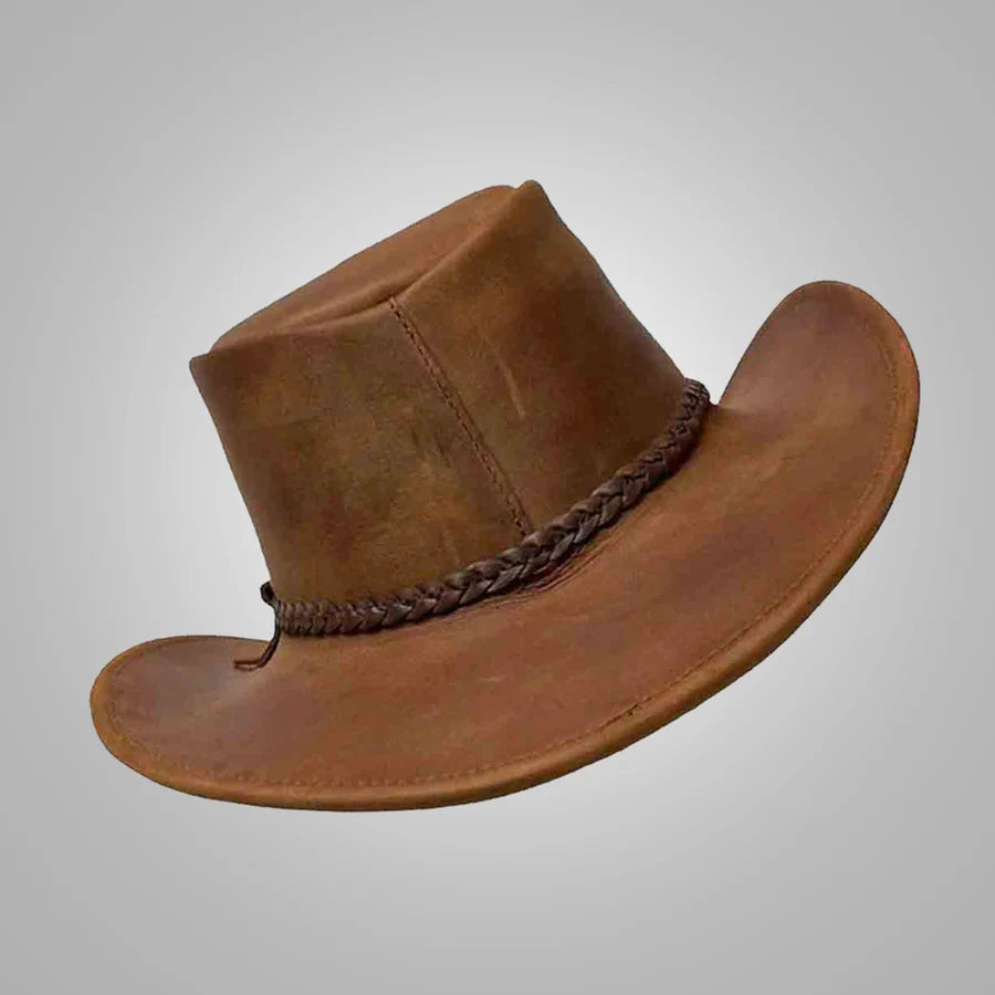 Men’s Handmade Brown Leather Cowboy Hat - Western Style