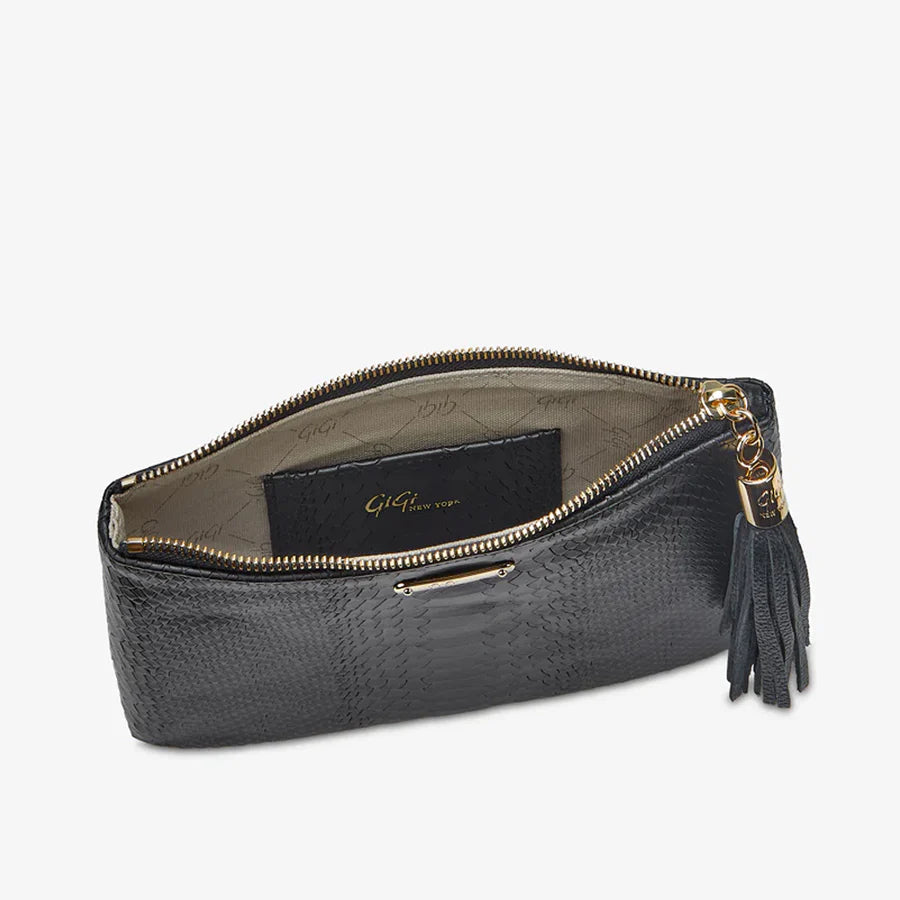 Black Embossed Python Genuine Leather Clutch with Fur for Women