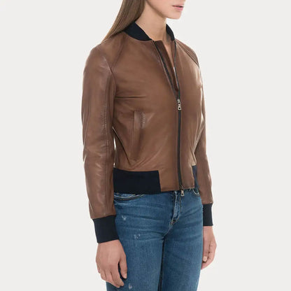 Sugar Brown Lambskin Soft Leather Bomber Jacket