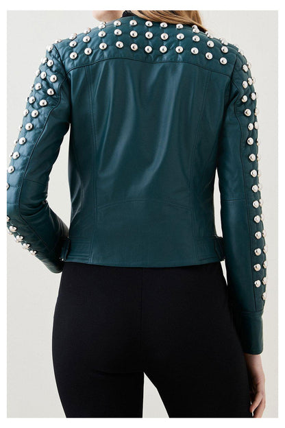 Women’s Chocolate Green Silver Spiked Studded Retro Motorcycle Leather Jacket