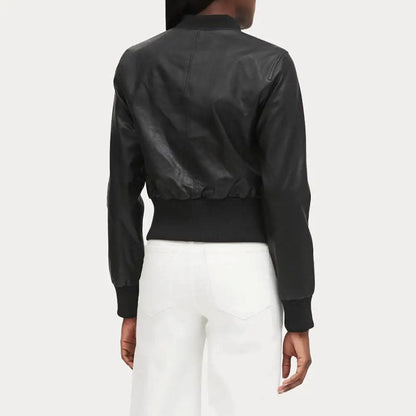 Women’s Cropped Ribbed Cuff Black Bomber Jacket