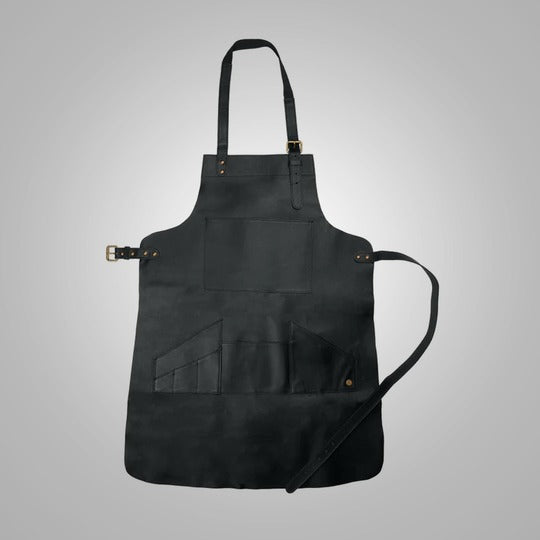 New Men's Black Handmade Premium Leather Multi-Pocket Apron