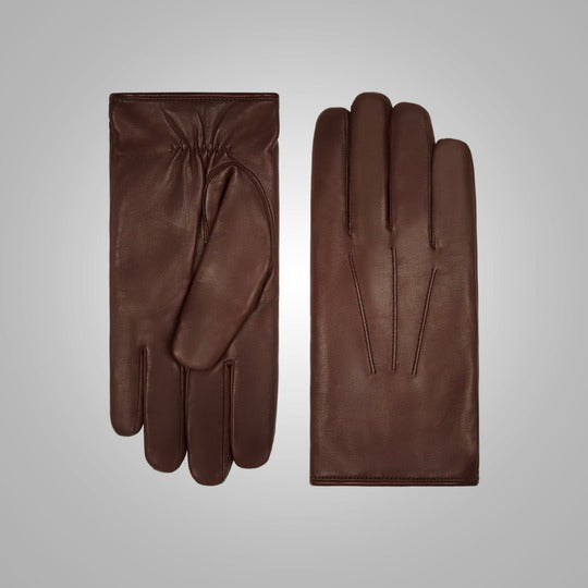 Men's Brown Lambskin Leather Gloves with White Fur Lining