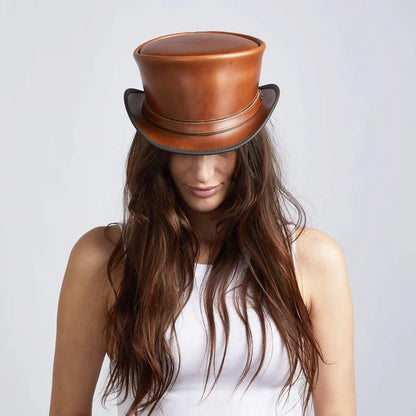 New Western Cowboy Lambskin Leather Hat in Shine Brown for Women