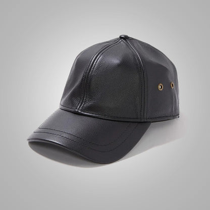 New Men's Sheepskin Black Leather Baseball Cap